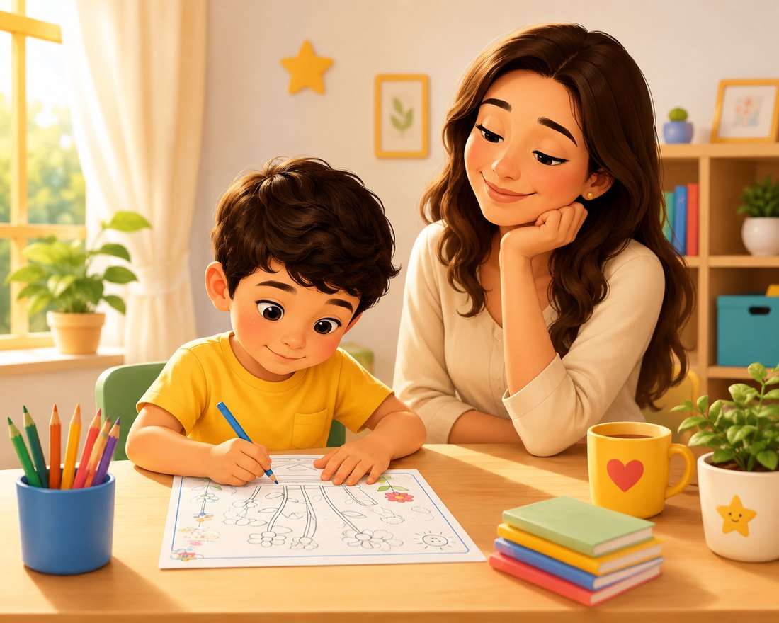 Mãe tranquila enquanto a criança se concentra nas atividades